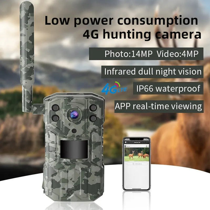 14MP 4G SIM Card Solar Hunting Trail Camera IP66 Waterproof 20M PIR Motion Detection Wildlife Camera IR Night Vision Device - Camzili
